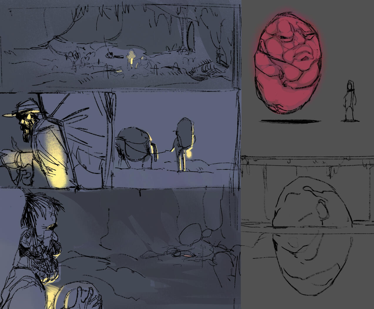 This is based on a rough idea: an entity/giant sort of creature has been banished in an extremely tight space underground, while having an extremely heavy mass. The result is an egg-shaped floating creature constantly slithering in that space. The comic page is to briefly illustrate first contact with it. Ideally multiple civilizations have bumped into it over time.